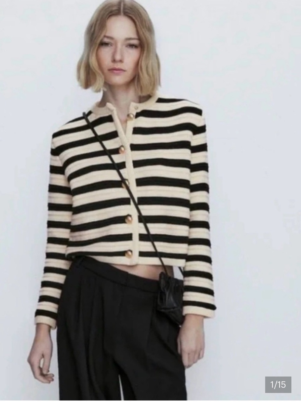 Massimo Dutti Black & Cream Striped Cropped Cardigan Siz38